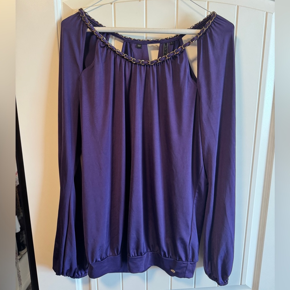 Guess LA Blouse Gold Chain Collar Purple Long Sleeve Top Gisela Large Logo Shirt